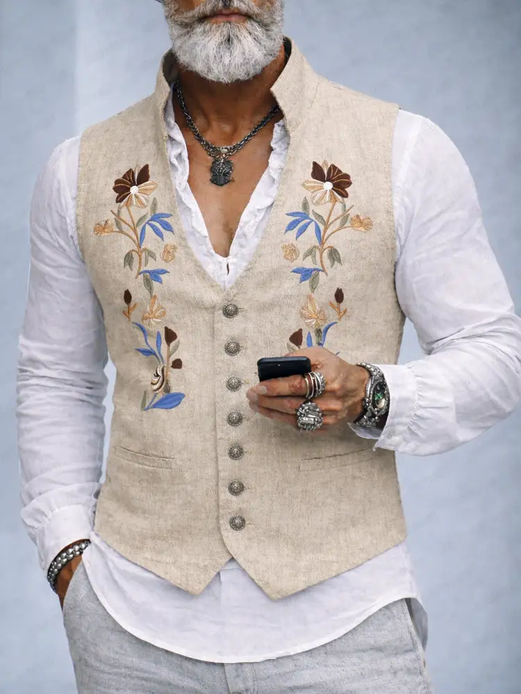 Elegant Cotton Linen Embroidered Vest Jacket
