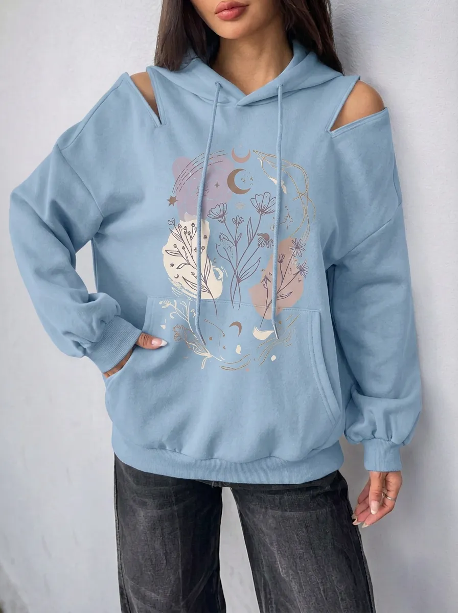 Women's Boho Celestial Floral Printed Cold Shoulder Hoodie