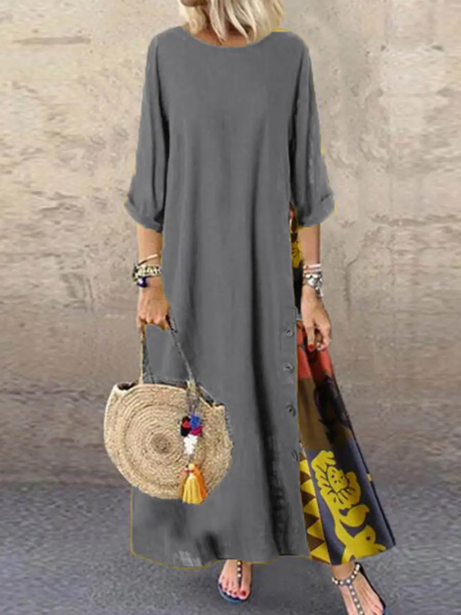 Printed Buttoned Neck Midi Dress