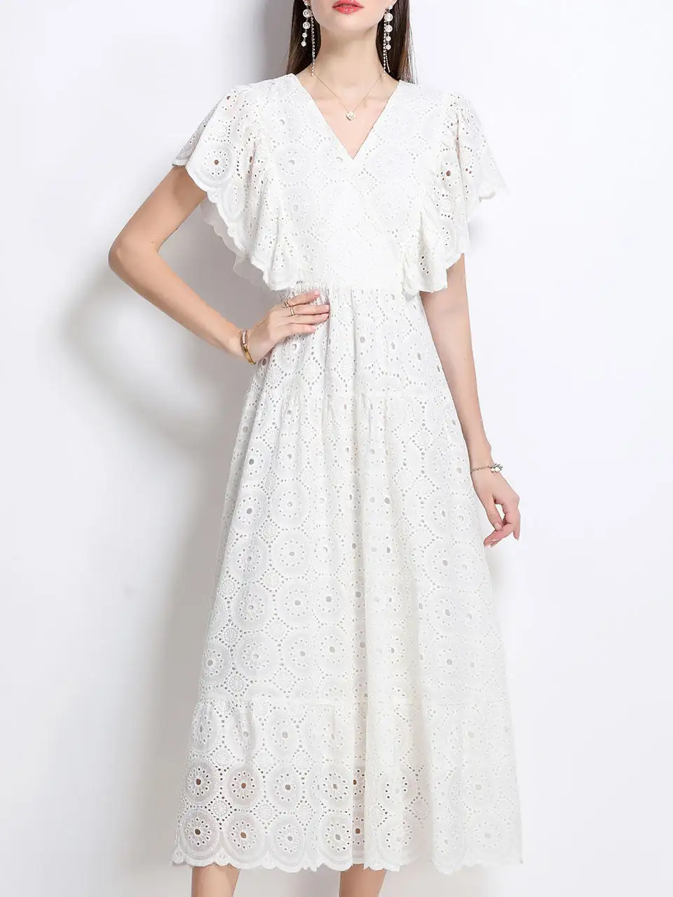 Layered Embroidered V Neck Maxi Dress