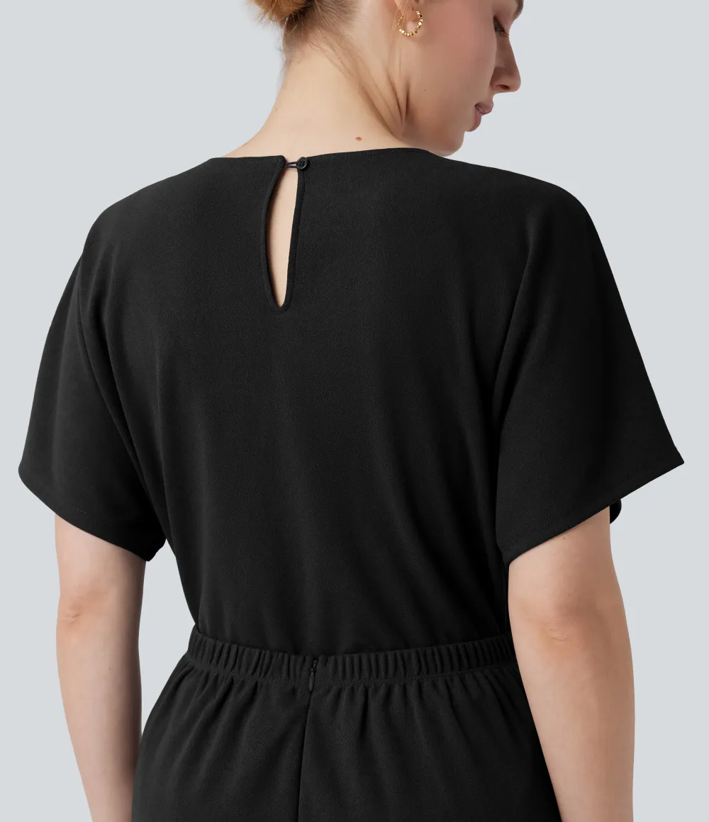 Wrinkle-resistant V-neck Batwing Sleeve Wide Leg Work Jumpsuit with Pockets-Easy Peezy