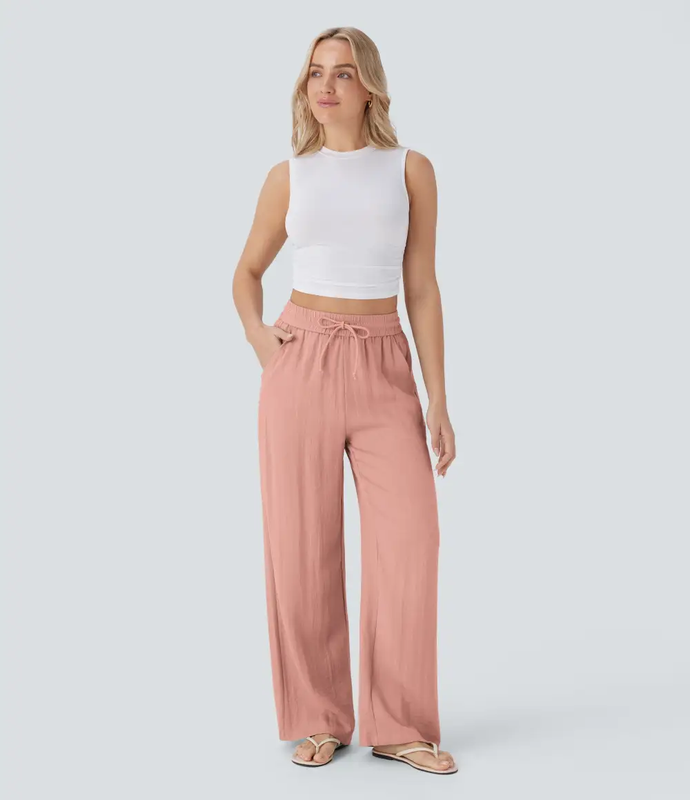 2026🔥 High Waisted Drawstring Pocket Wide Leg Casual Linen-Feel Pants