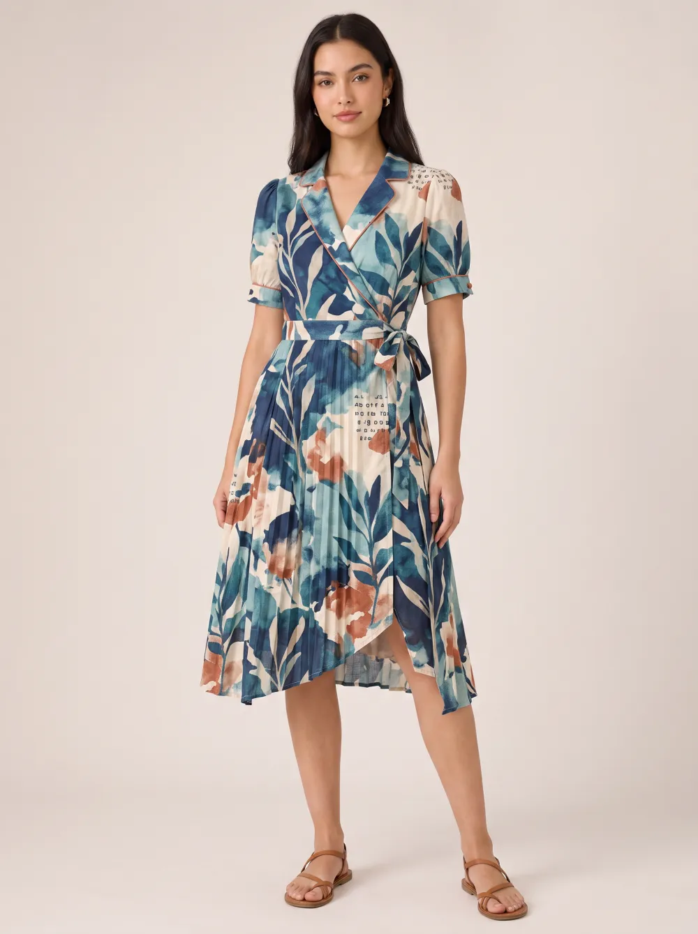 Women's Botanical Floral Letter Printed Wrap Pleated Dress