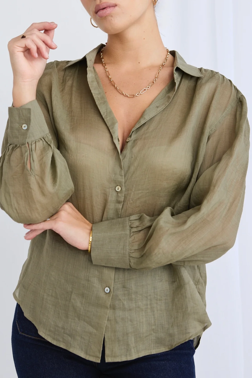 Olive Green Sheer Long - Sleeve Shirt