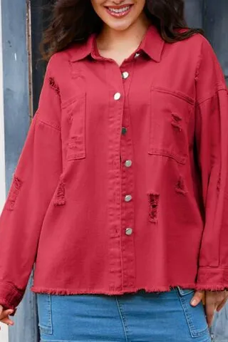 Distressed Button-up Raw-hem Denim Jacket