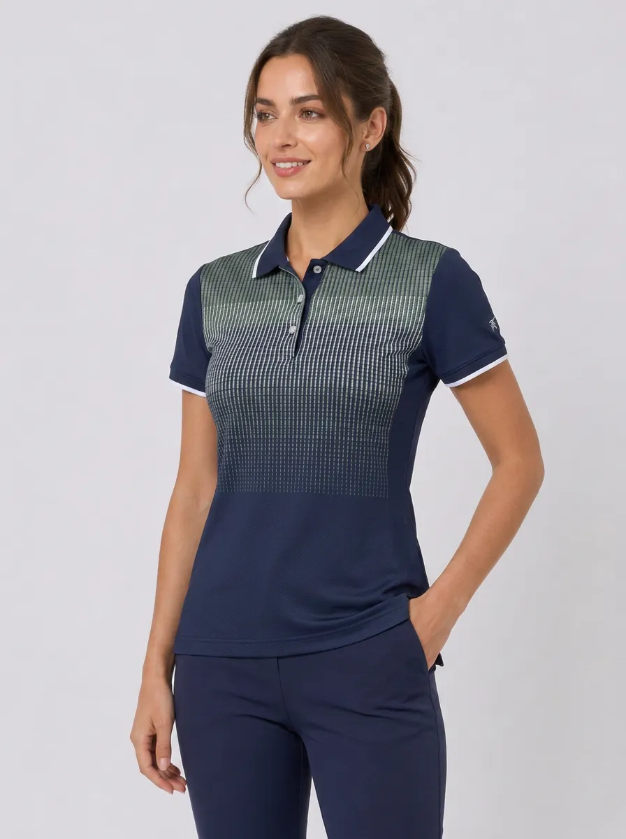 Women's Gradient Grid Pattern Printed Polo Shirt