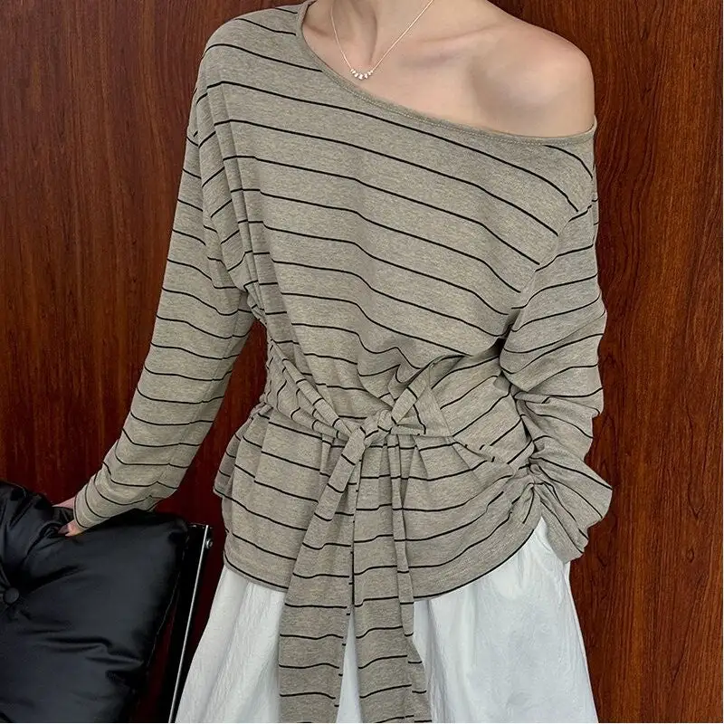 Off Shoulder Long Sleeve Tie Striped T-Shirt