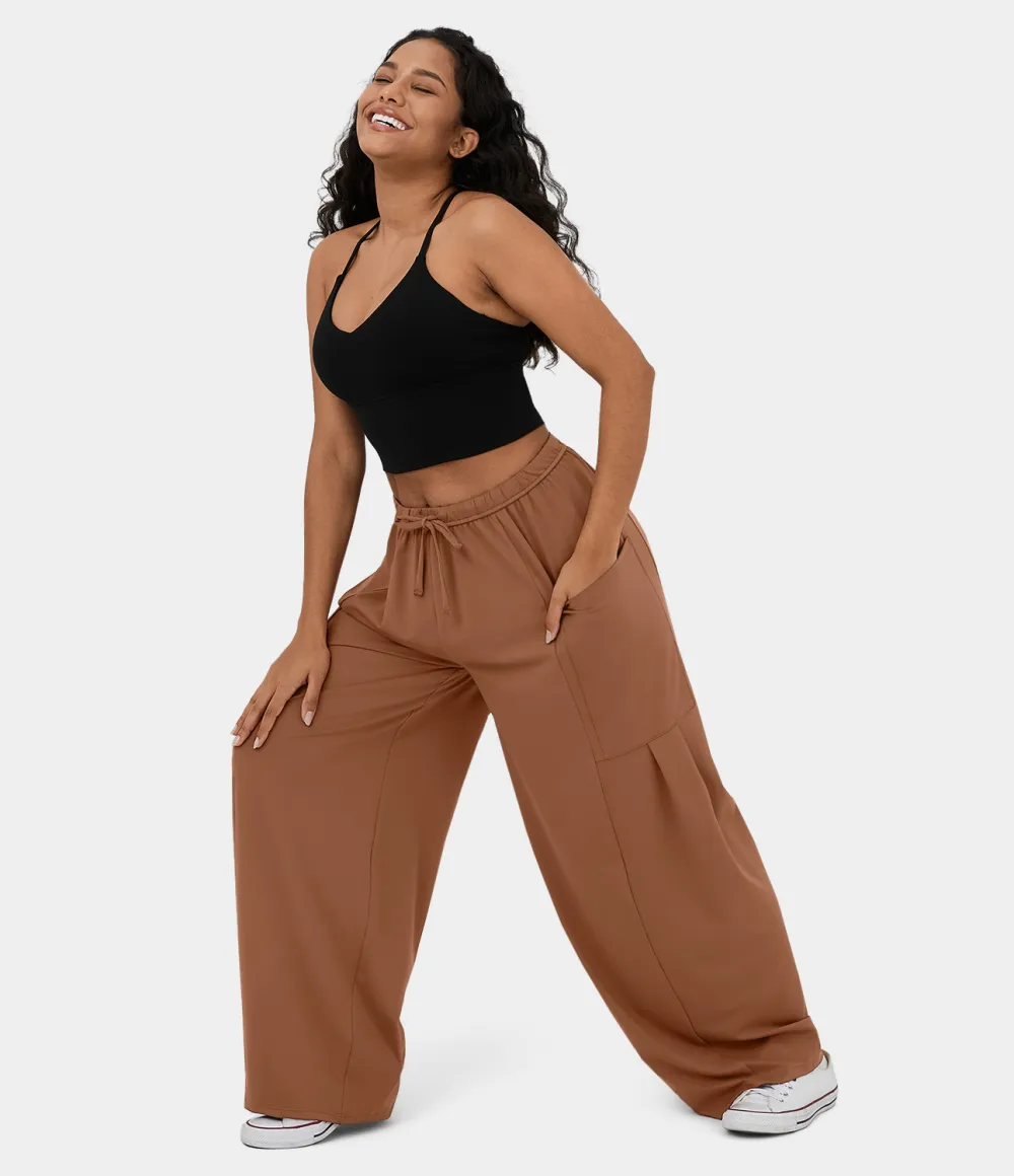 Mid Rise Elastic Waistband Drawstring Side Pocket Palazzo Flowy Wide Leg Casual Pants