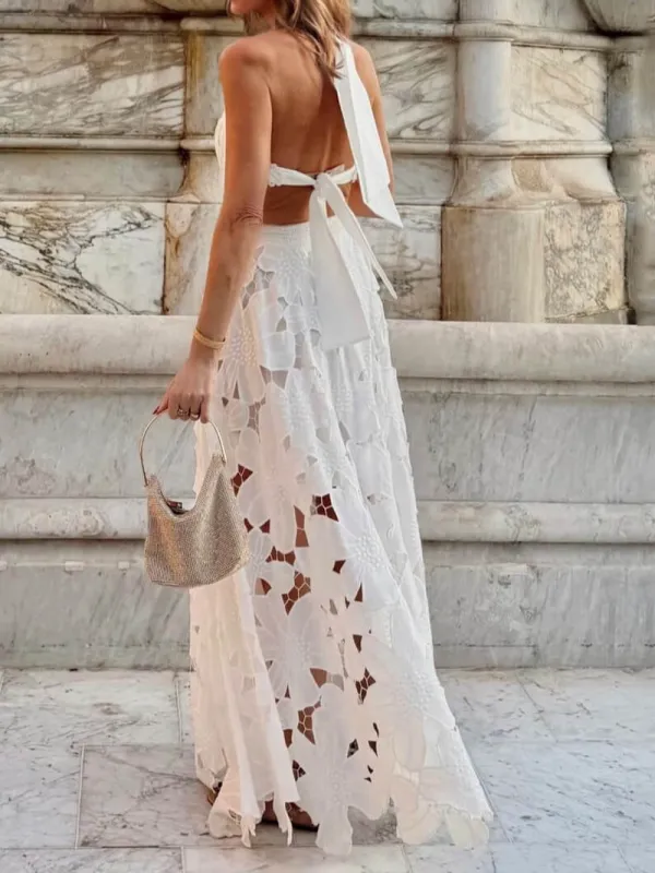 Lace Crochet Backless Tie Maxi Dress