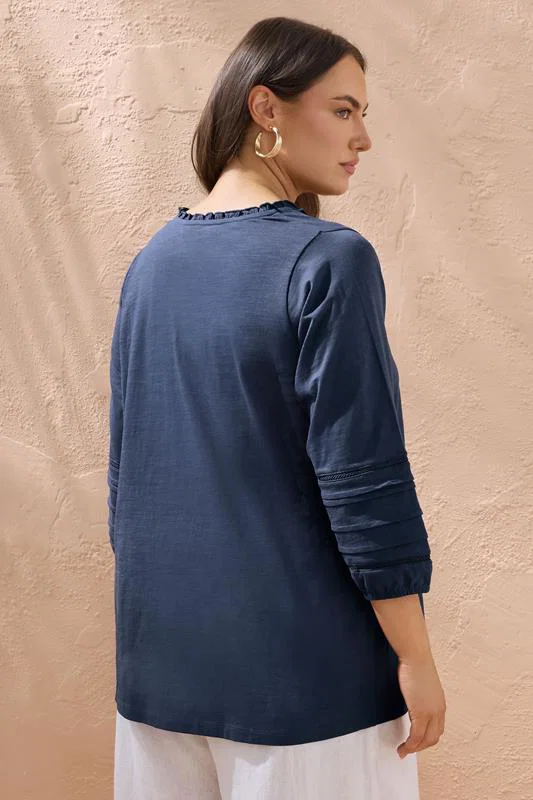 Navy Blue Tie Neck Cotton Top detail 2