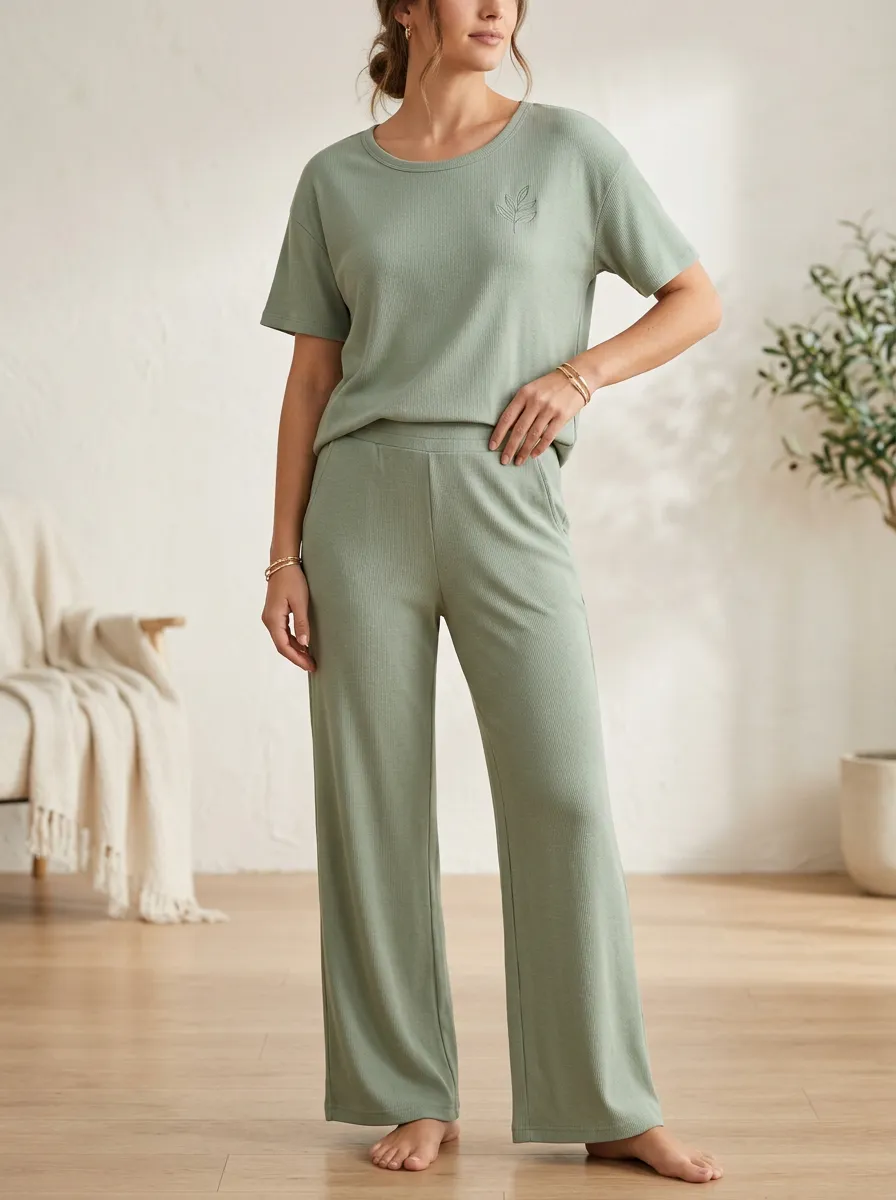 Everyday Ribbed Wide Leg Active Look Women's T-Shirt and Wide Leg Lounge Set
