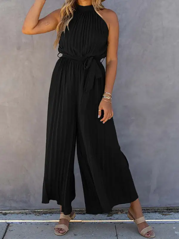 Shoulder Halter Neck Pleated Jumpsuit
