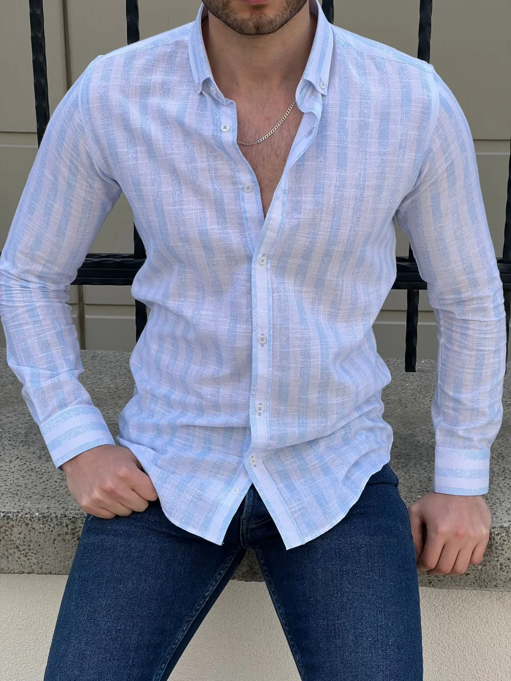 Contemporary Button Collar Slim Fit Striped Cotton Casual Shirt