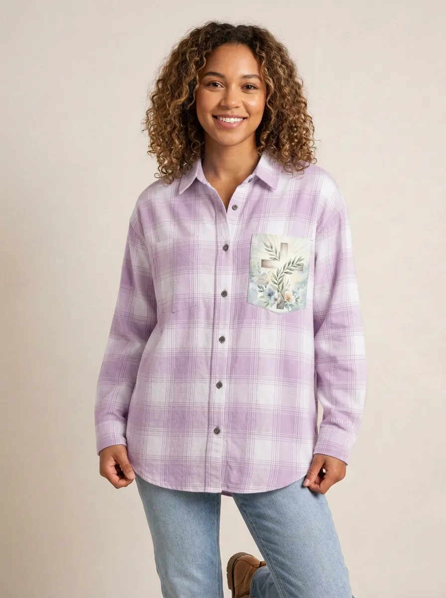 Women's Christian Faith Floral Cross Pocket Printed Flannel Shirt