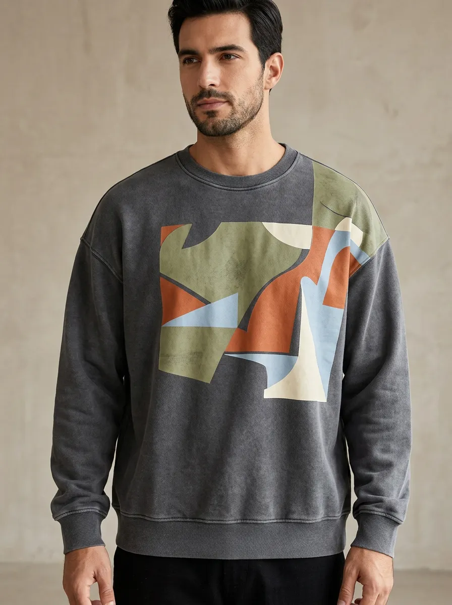 Men's Abstract Geometric Pattern Printed Crewneck Sweatshirt
