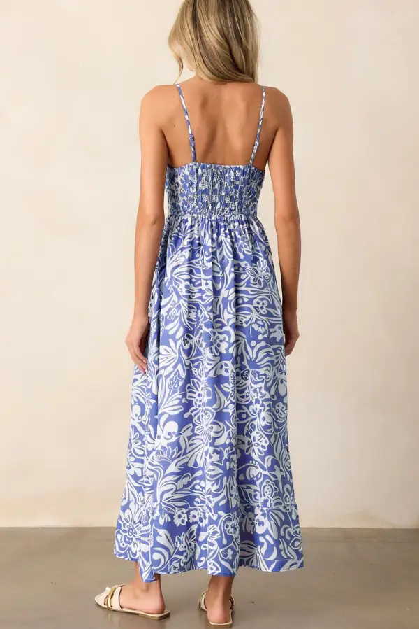Sky Floral Print Spaghetti Strap High Waist Maxi Dress