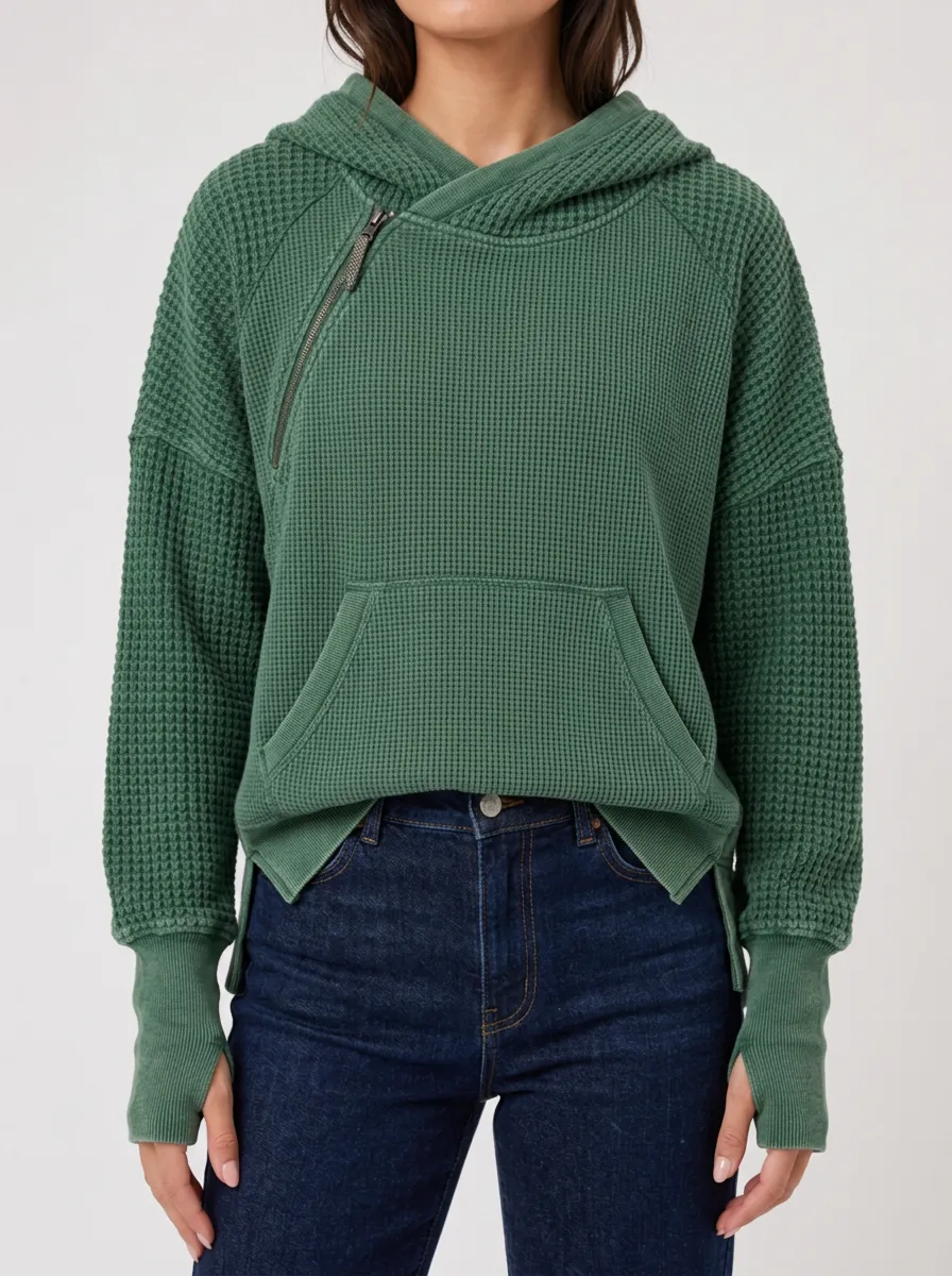 Textured Casual Waffle Knit Asymmetric Zip Hooded Top