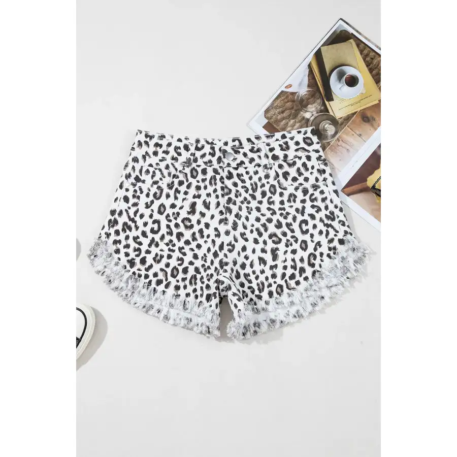 Leopard Frayed Hem Denim Shorts