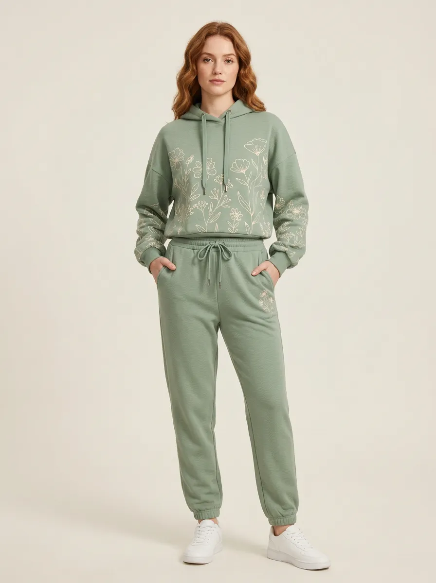 Women's Sage Green Drawstring Hood Dropped Shoulder Solid Hoodie & Pants Set
