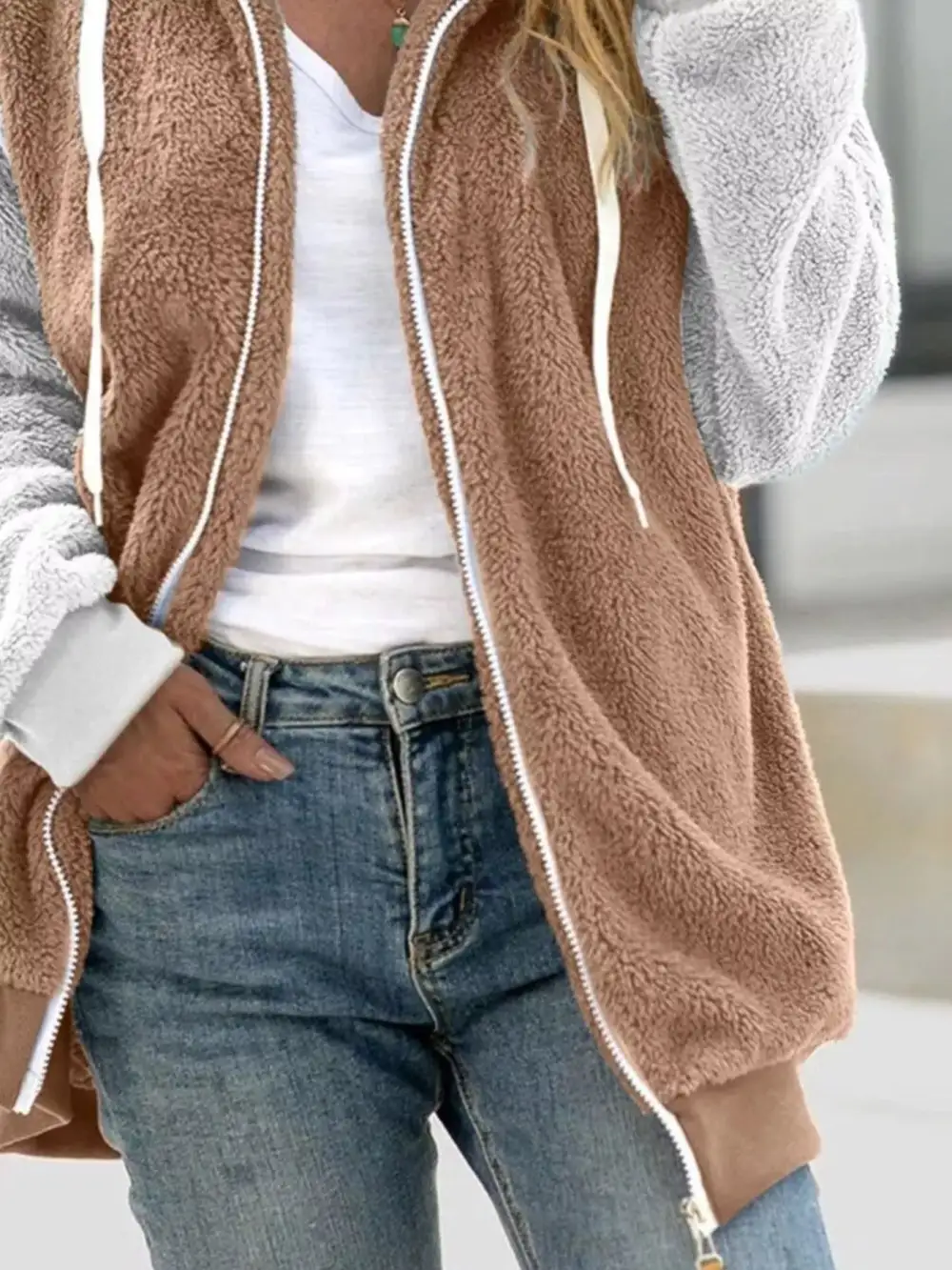 Full Size Fleece Zip-up Hooded Outerwear Plus Size