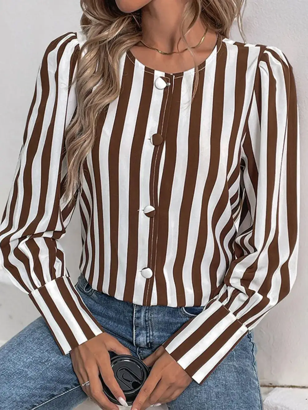 Striped Round Neck Long Sleeve Blouse