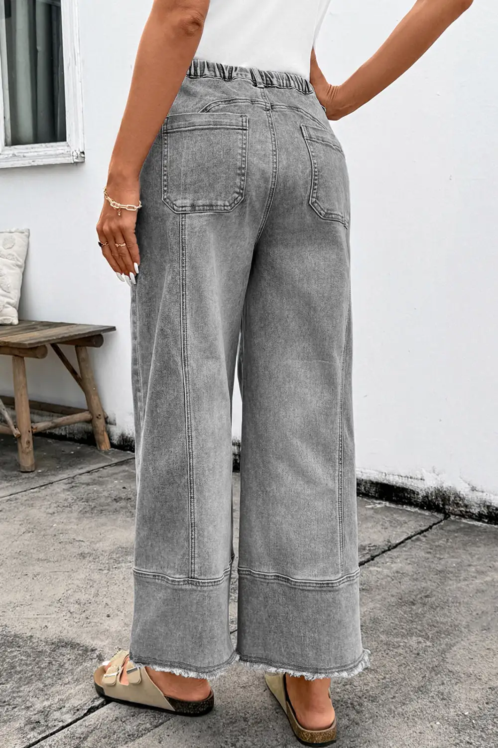Women's Raw Hem Wide Leg Denim Pants With Drawstring Detail
