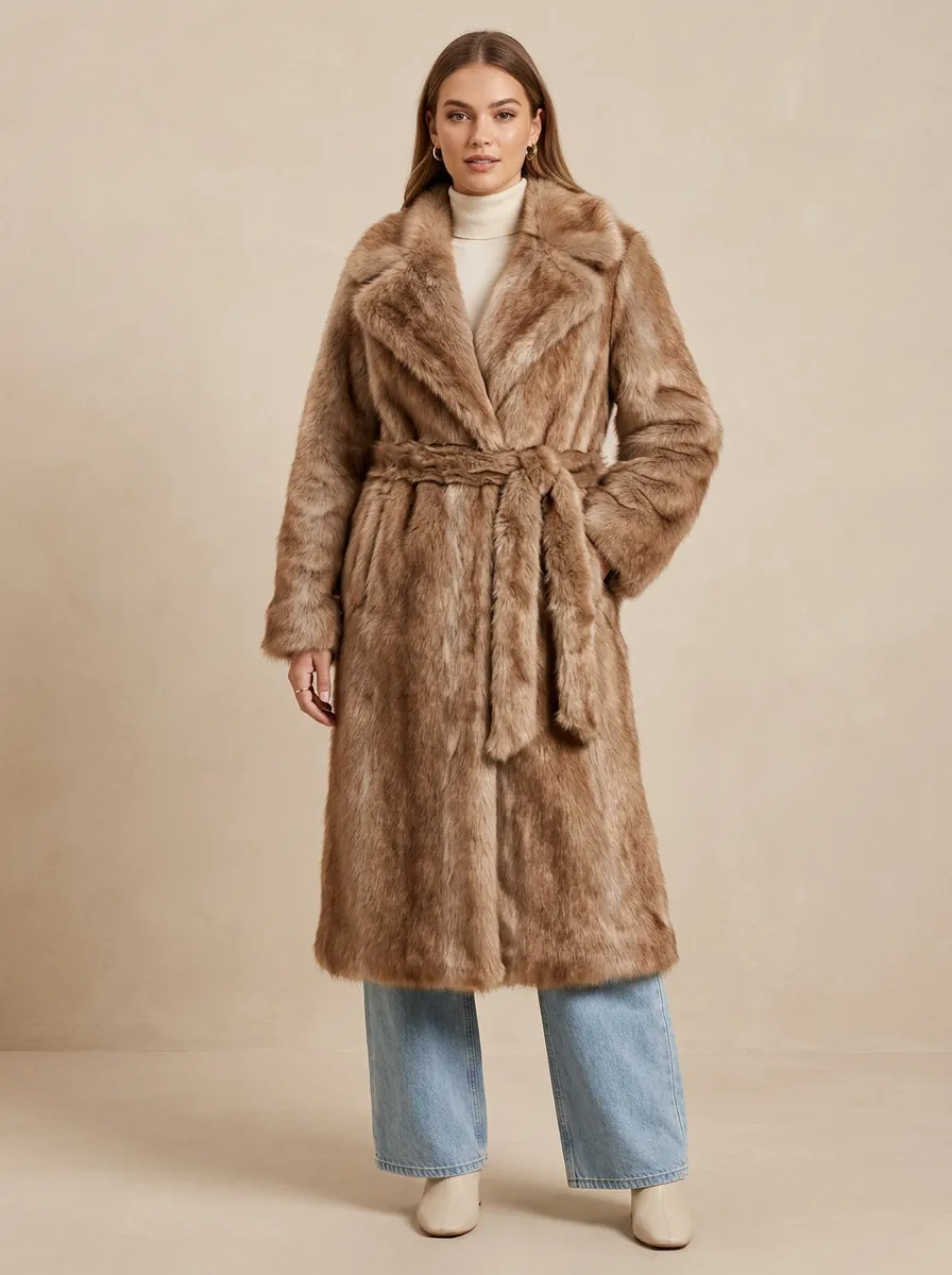Faux Fur Belted Long Coat