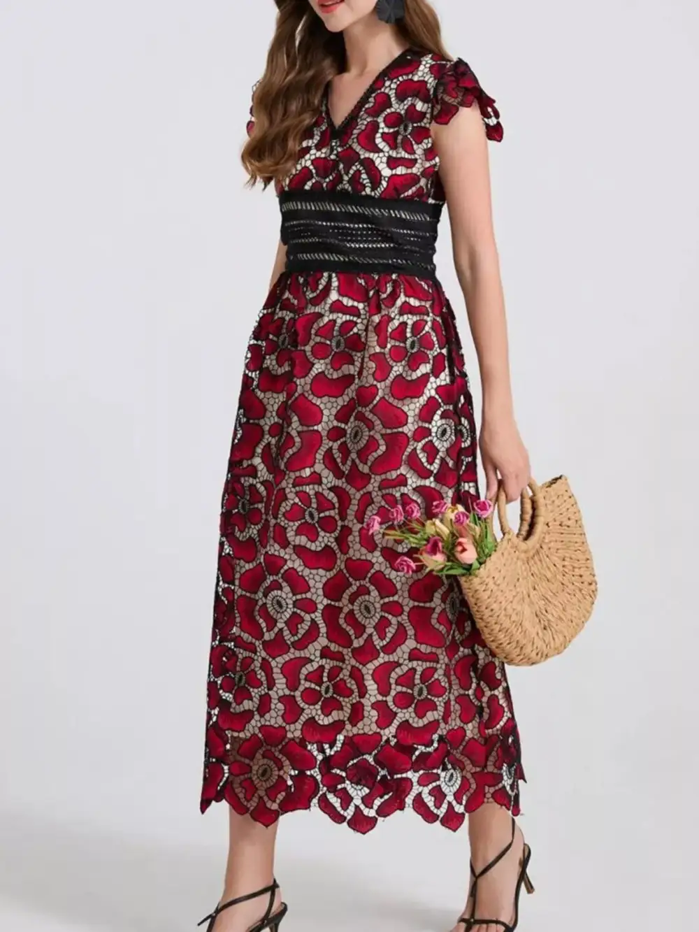 Printed V Neck Ruffle Midi Dress