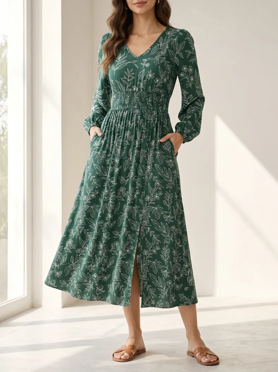 Women's Botanical Floral Pattern Rich Printed Midi Dress