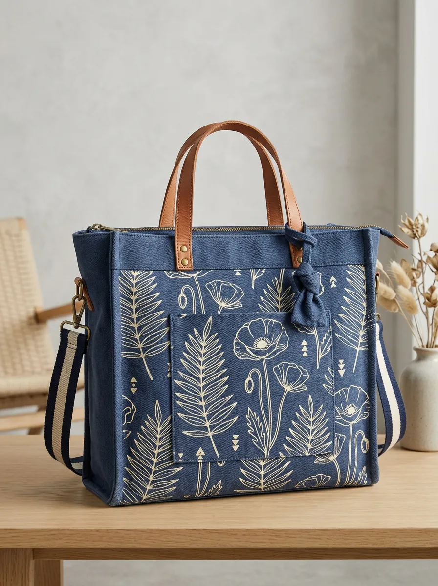 Women's Botanical Poppy Fern Printed Canvas Shoulder Tote Bag
