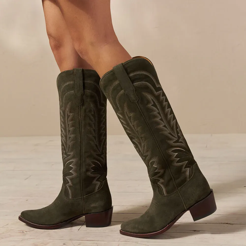 Faux-Suede Embroidered Pointed-Toe Chunky-Heel Knee-High Boots