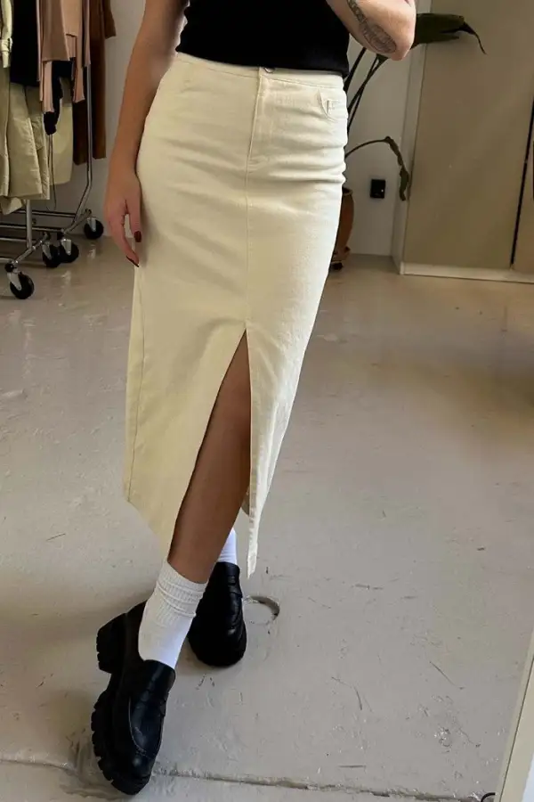 White Denim Front Slit Midi Skirt