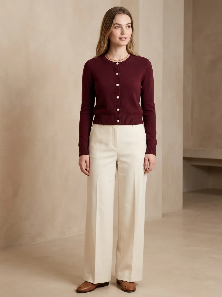 Women's Burgundy Pearl Button Crewneck Knit Cardigan