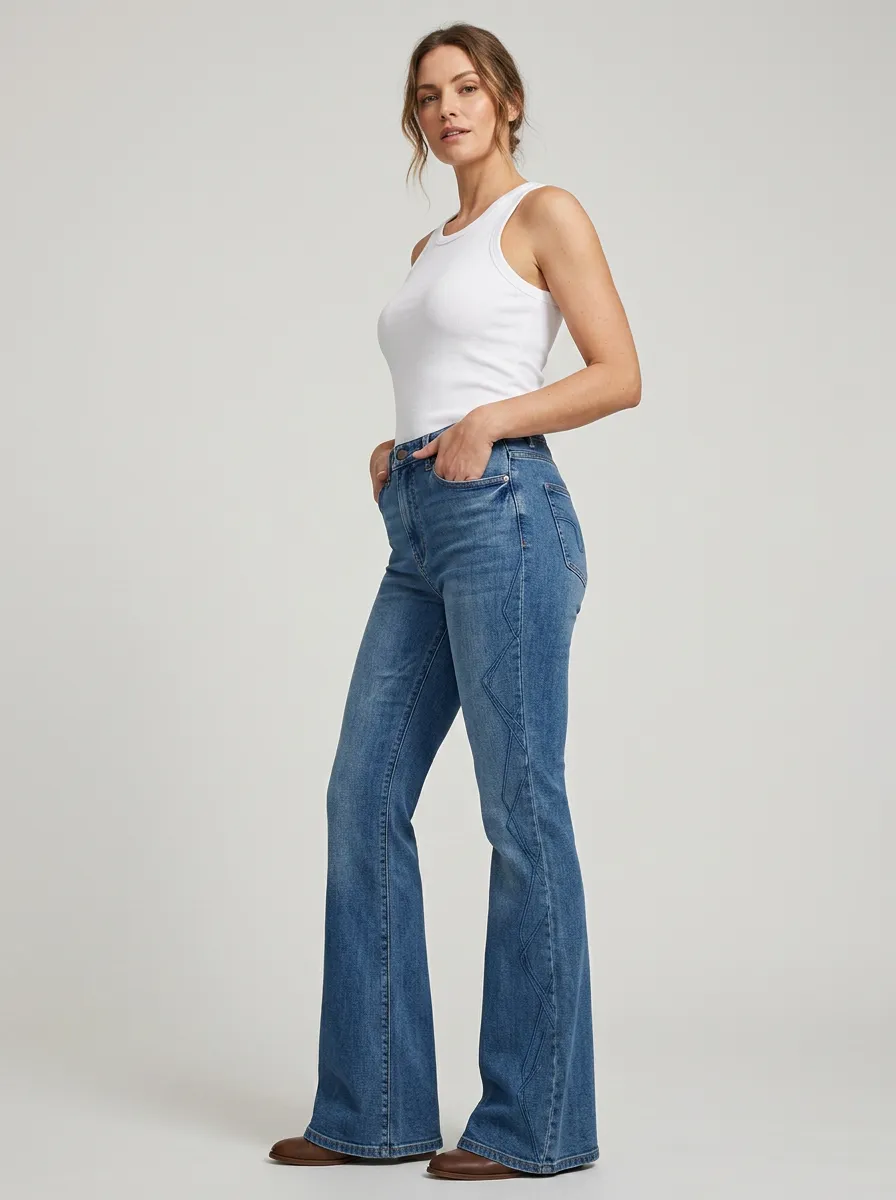 Women's Western Geometric Stitch Print High Rise Flare Jeans