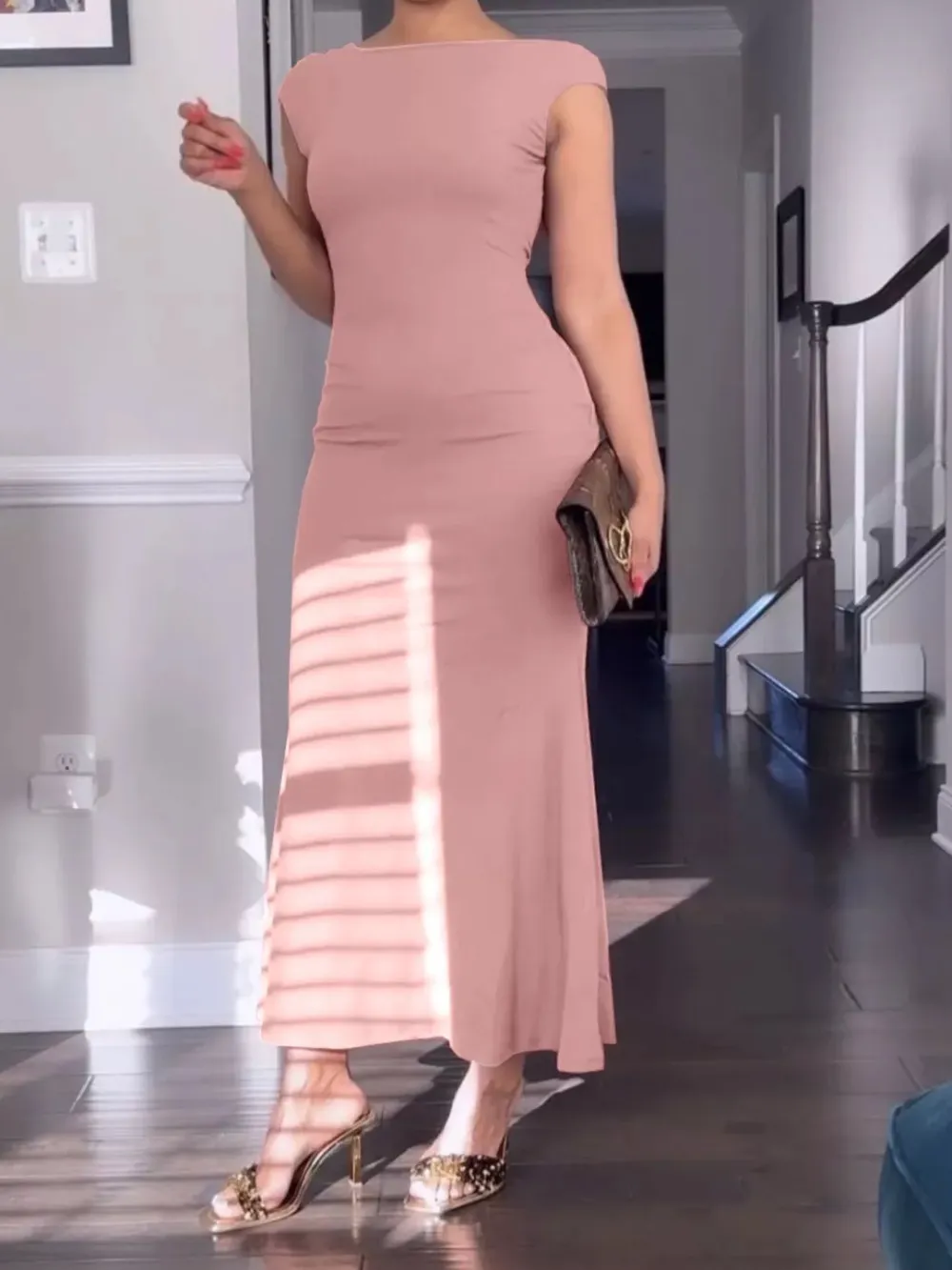 Backless Cap Sleeve Maxi Dress
