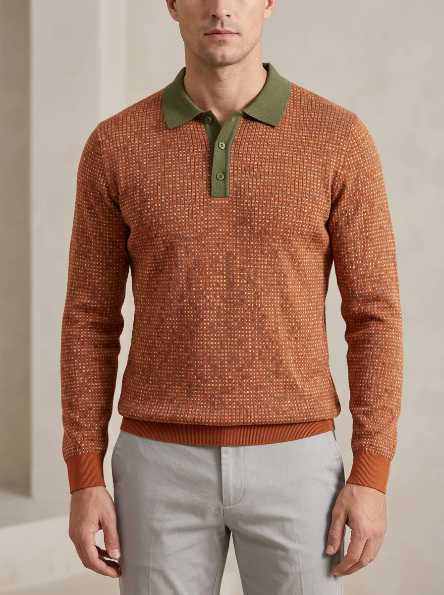 Men's Casual Vintage Dotted Texture Knitted Long Sleeve Polo Shirt