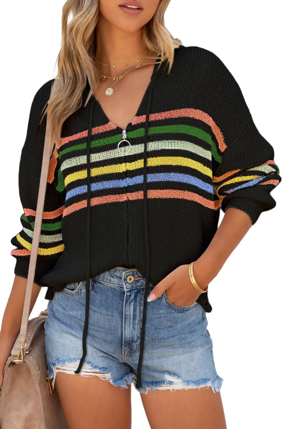 Striped Detail Zip Up Hooded Cardigan