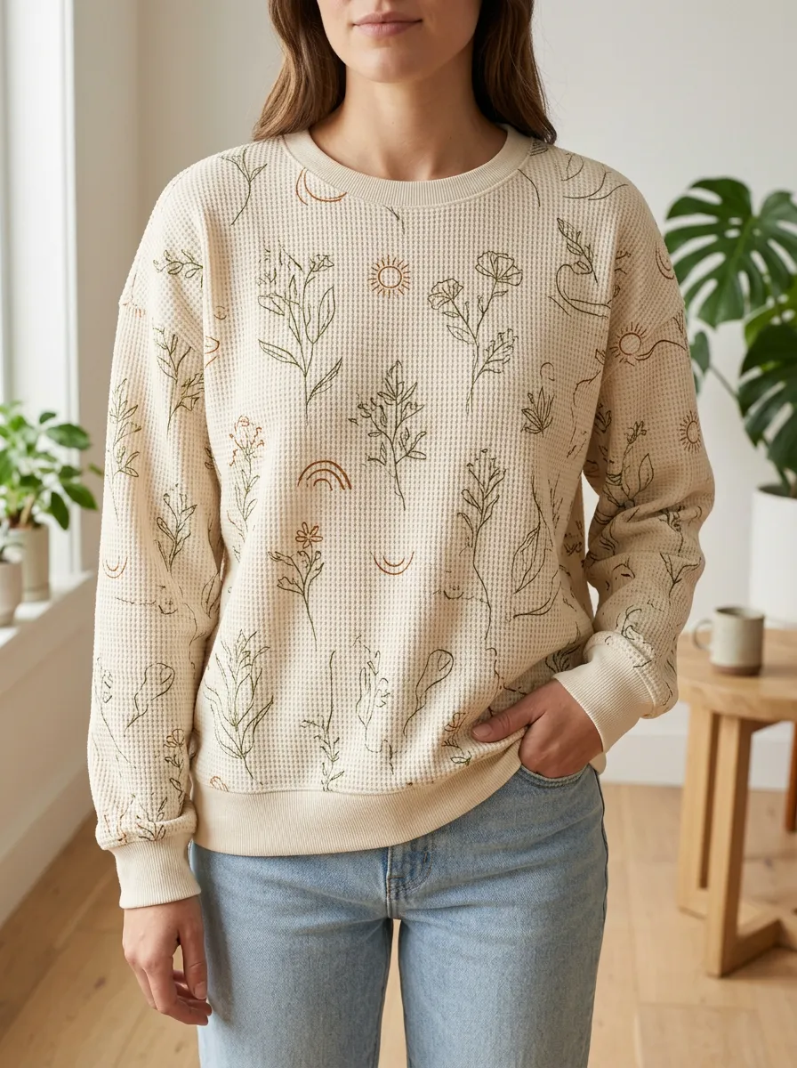 Women's Boho Floral Sun Moon Printed Waffle Knit Sweatshirt