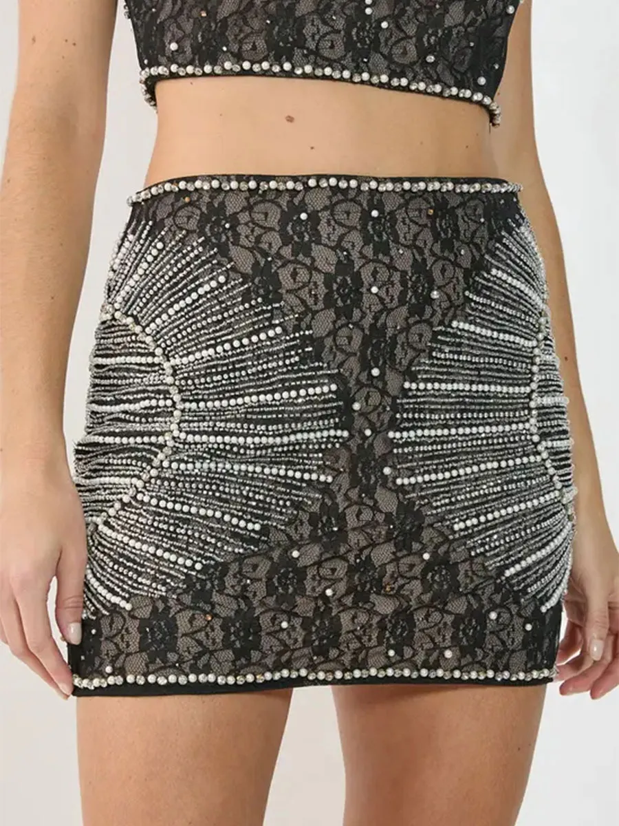 Women's Black Lace Pearl-Detailed Mini Skirt