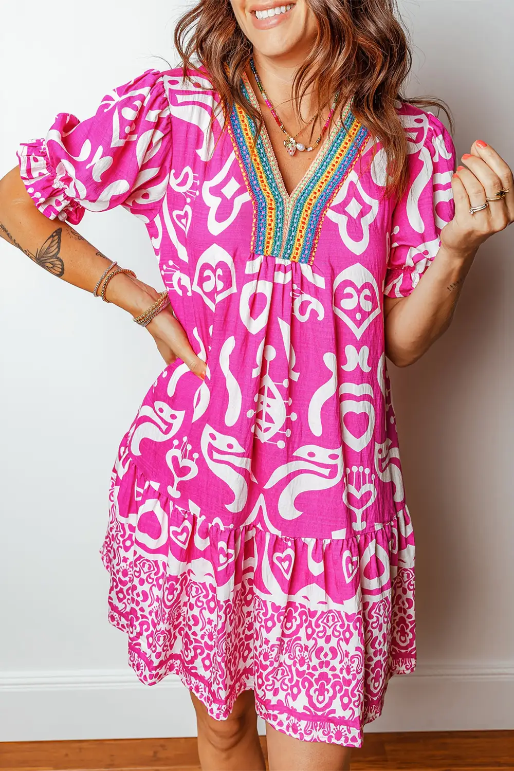 Women's Printed V Neck Short Sleeve Flared Mini Dress