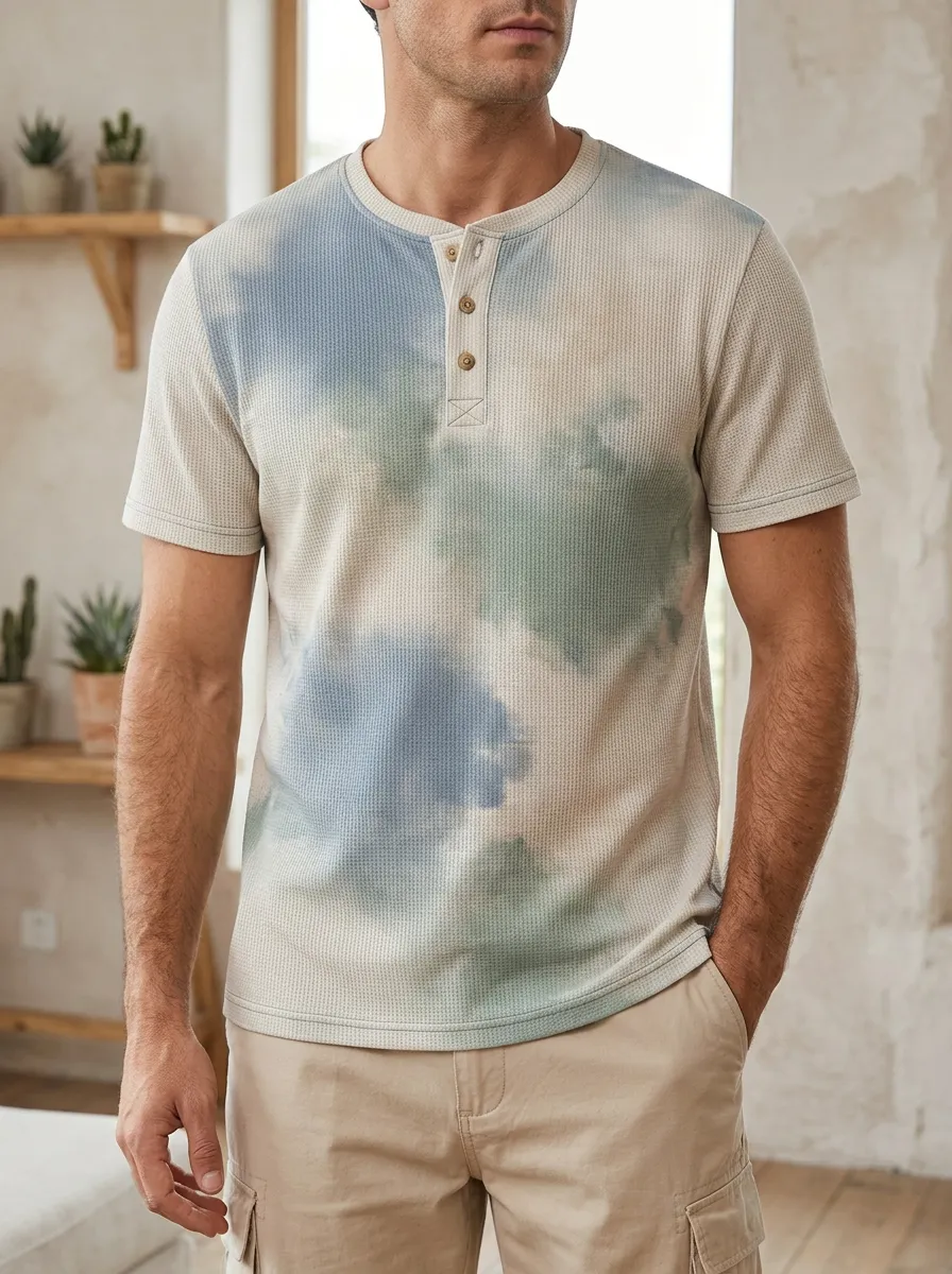 Men's Contemporary Casual Tie-Dye Waffle Knit Henley T-Shirt