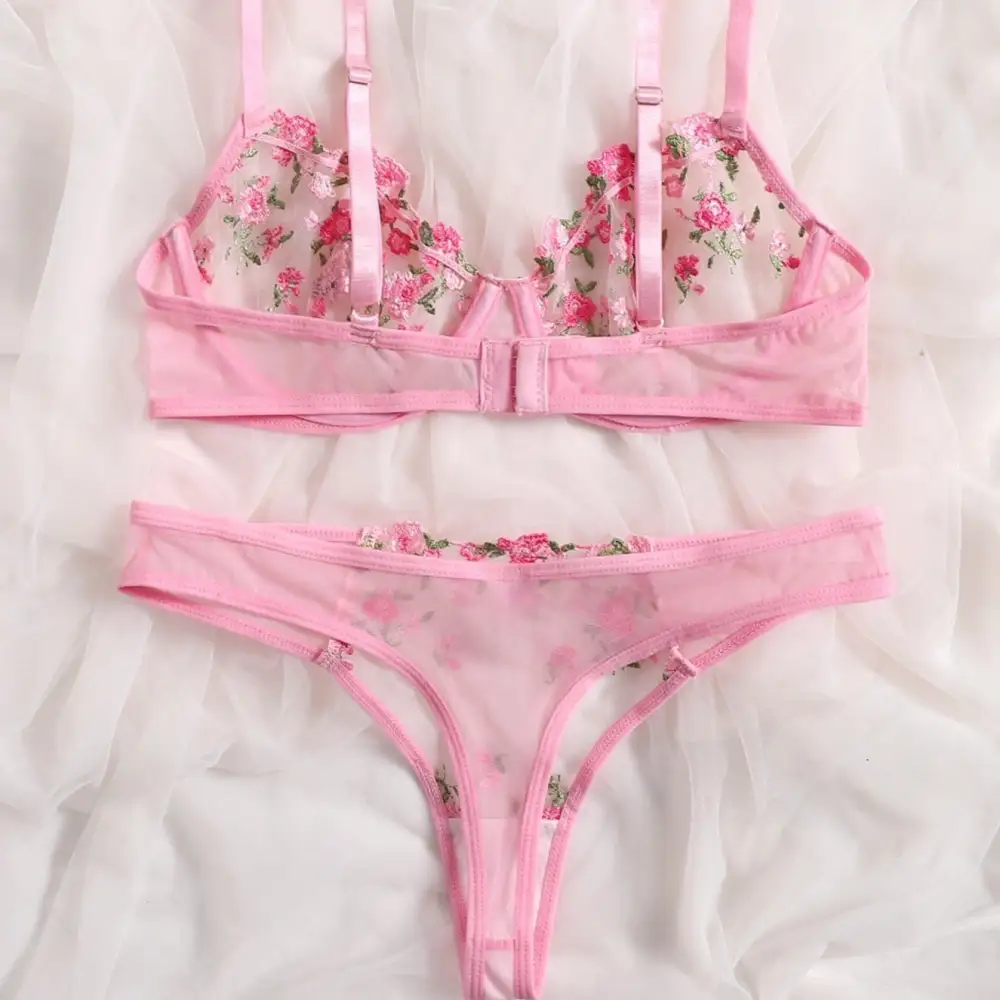 Floral Mesh Thong Lingerie Set
