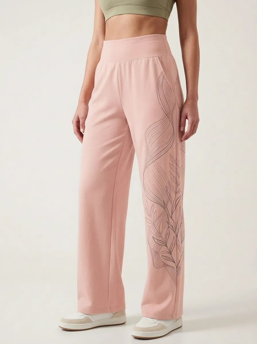 Women's Botanical Minimalist Leaf Line Art Graphic Wide Leg Pants