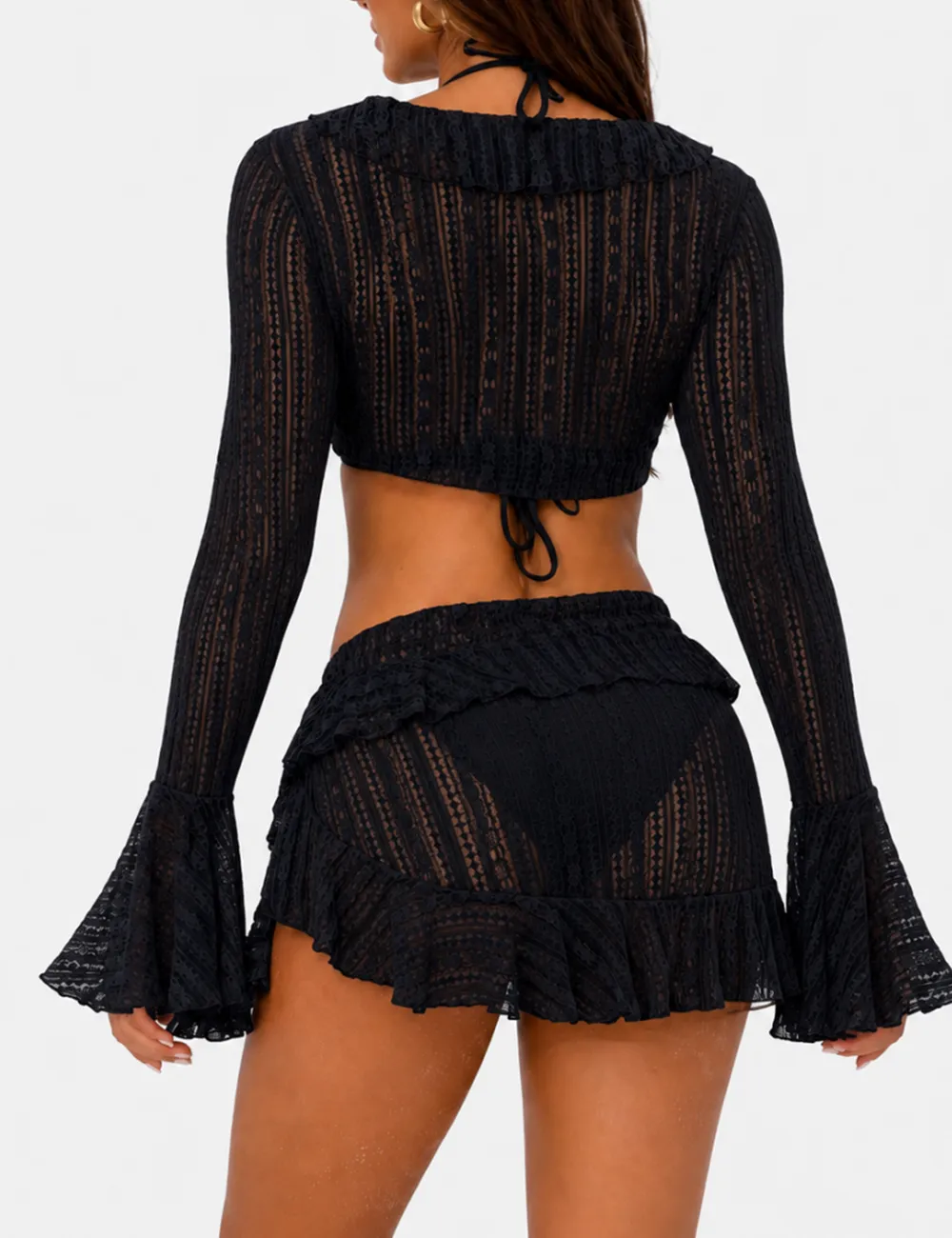 Solid Color Triangle Bikini Four Piece Set with Cover Up and Mini Skirt