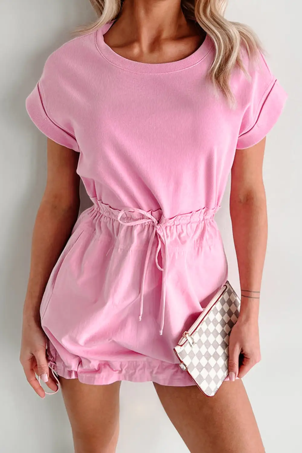 Patchwork Drawstring Short Sleeve Mini Dress