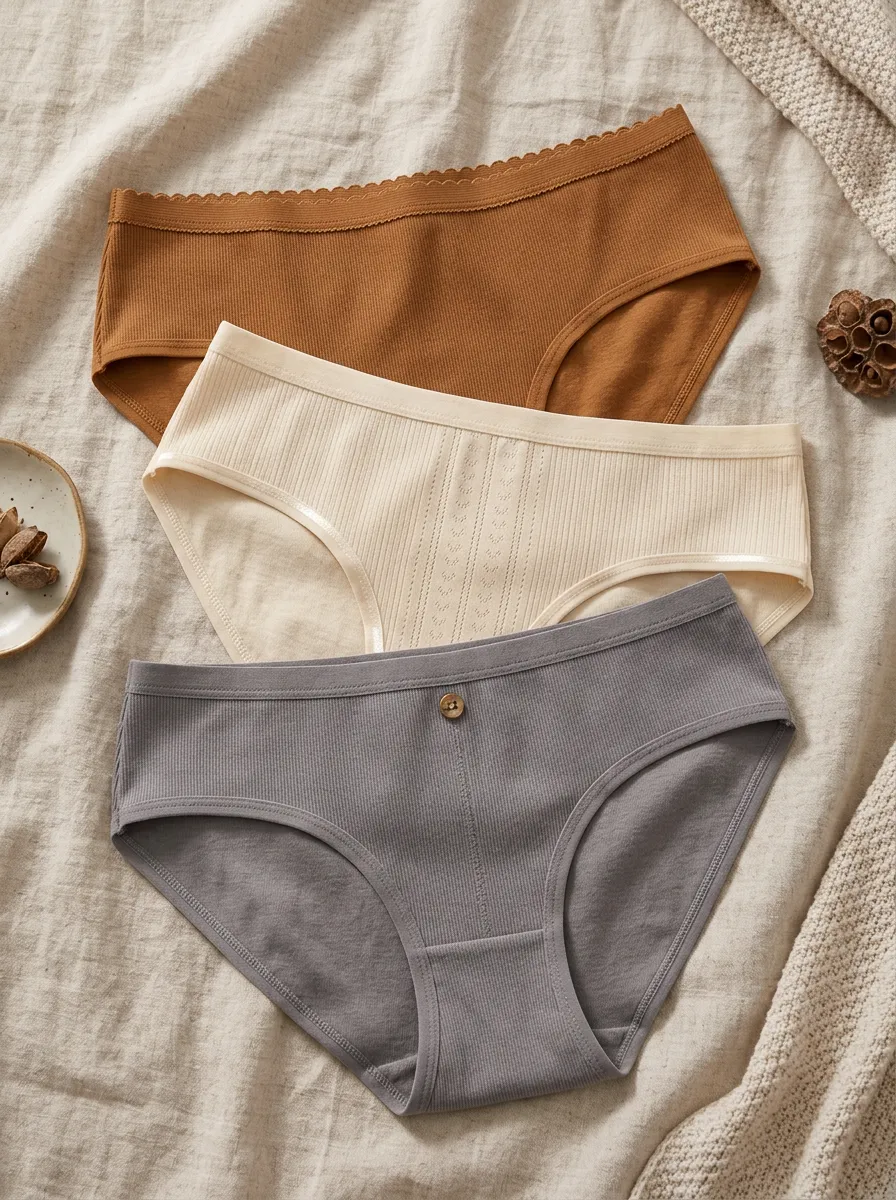 Women's Ribbed Cotton Button Detail Solid Color Panties Set