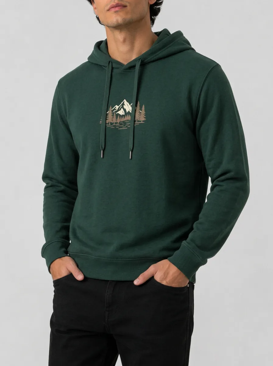 Men's Mountain Forest Graphic Pullover Ribbed-Cuff Metal-Aglet Drawcord Hoodie