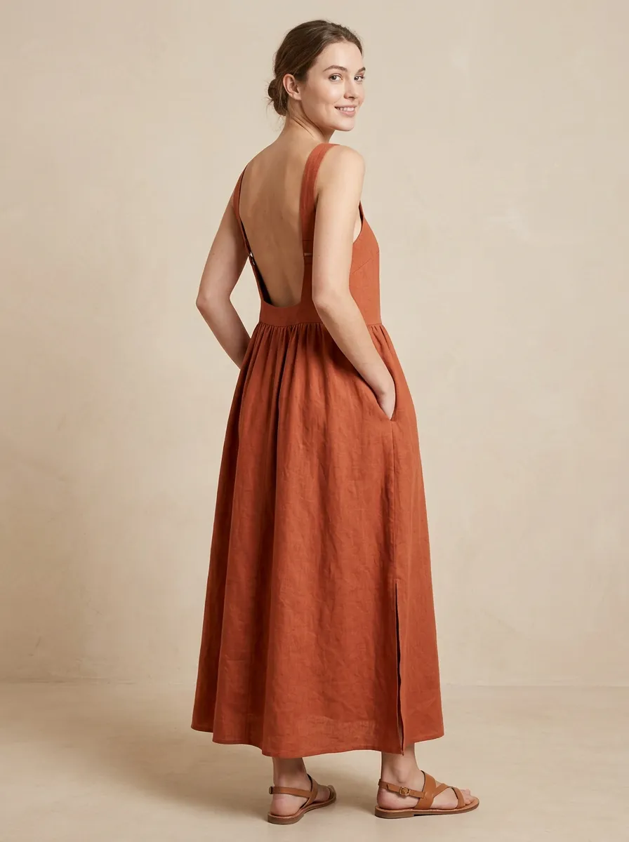 Women's Everyday Casual Linen Midi Backless Dress