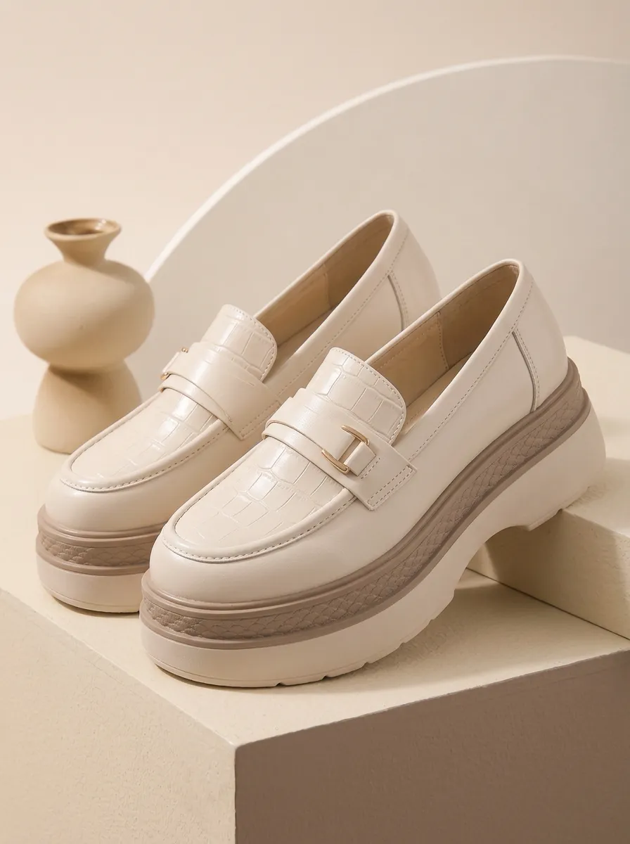 Unisex Crocodile-Texture Penny-Style Buckle-Strap Slip-On Platform Loafers