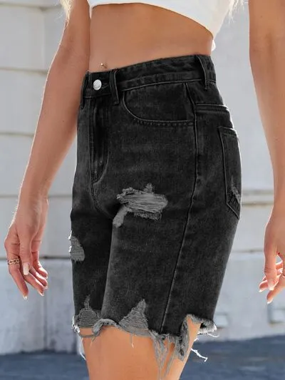 Distressed Raw Hem Shorts Detail Denim Pants